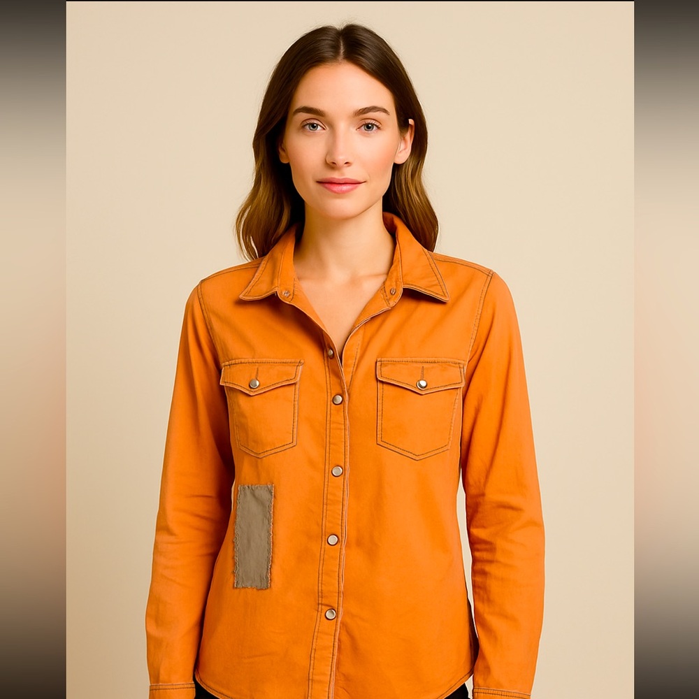 Orange Button-Up Shirt with Patch Detail